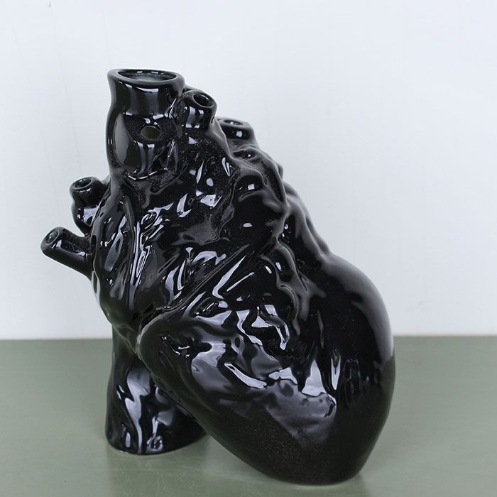Black Glossy Anatomical Heart Vase - LoraShen Contemporary Sculpture