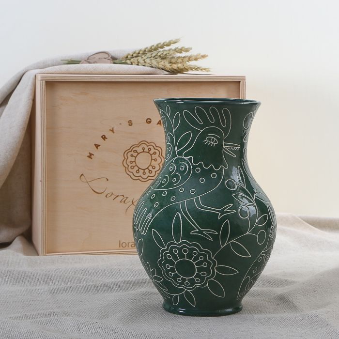 LoraShen 'Glechik' Hand-Painted Ceramic Vase (Green Monochrome) – Authentic Ukrainian Folk Art | 'Mary’s Gardens' Collection