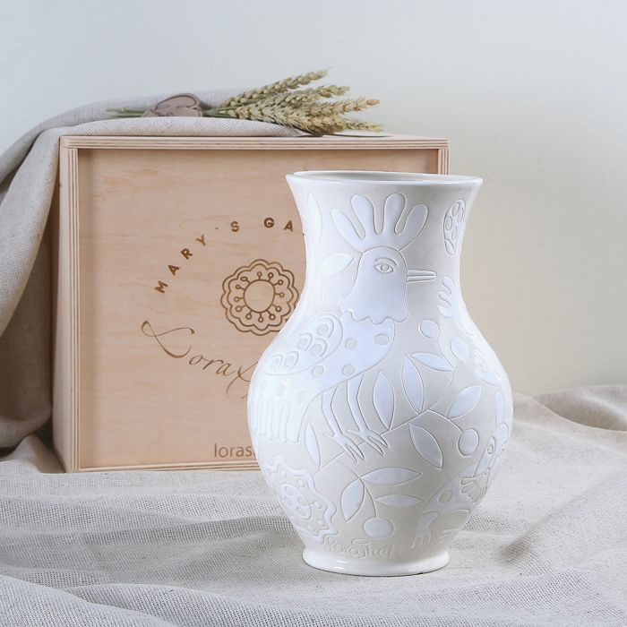 LoraShen 'Glechik' Hand-Painted Ceramic Vase (Tonal Beige & White) – Authentic Ukrainian Folk Art | 'Mary’s Gardens' Collection