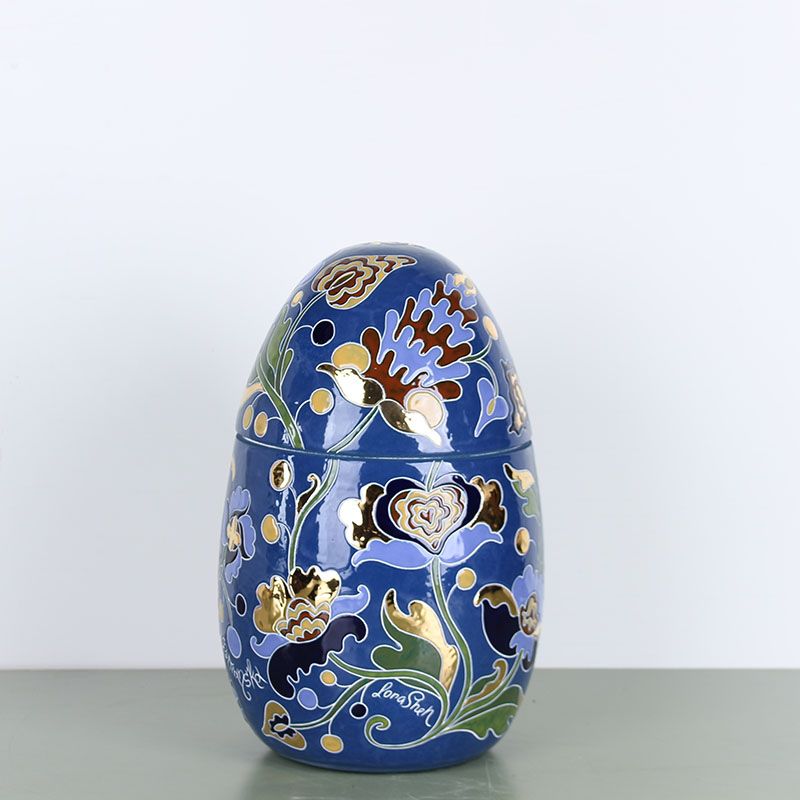 LoraShen 'Hetman Embroidery' Ceramic Egg-Box – صندوق بيض خزفي أزرق كوبالت وذهبي مرسوم يدويًا