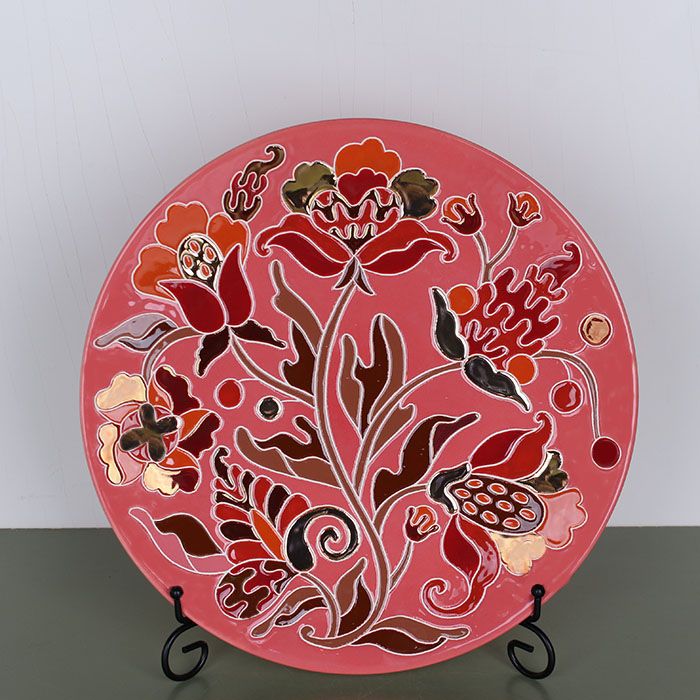 LoraShen 'Hetman Embroidery' Керамикалық Табақ – Қолмен Суреттелген Қызыл & Алтын Декоративті Өнер