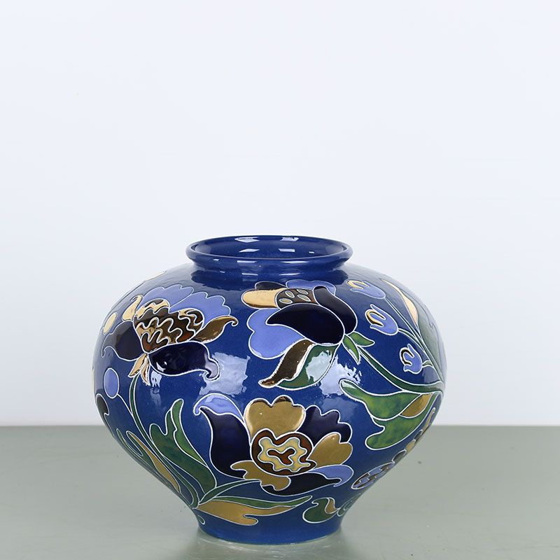 LoraShen 'Hetman Embroidery' Small Horshchyk Ceramic Vase – Gilded Folk Art Accent (Blue)