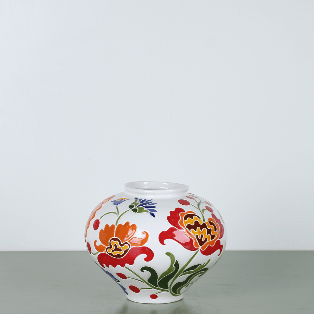 LoraShen 'Hetman Embroidery' Small Horshchyk Hand-Painted Ceramic Vase – Globular Folk Art Accent