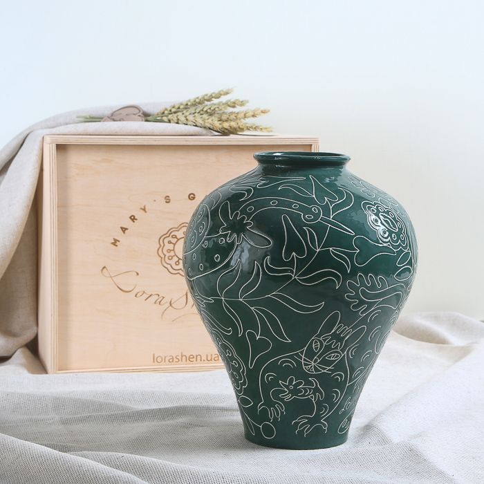 LoraShen 'Horshchyk' Hand-Painted Ceramic Vase (Green Monochrome) – Authentic Ukrainian Folk Art | 'Mary’s Gardens' Collection