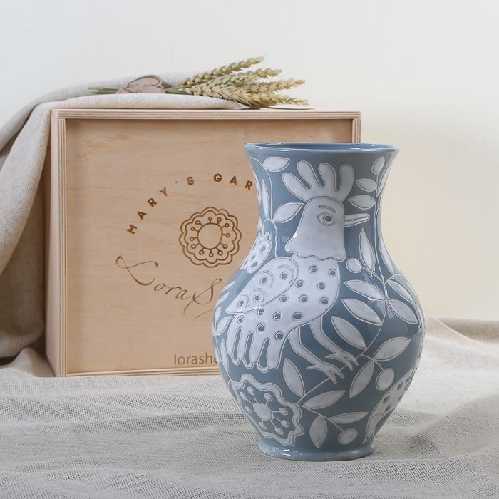 LoraShen 'Mary's Gardens' Glechik Hand-Painted Ceramic Vase – Grey & White Naive Art