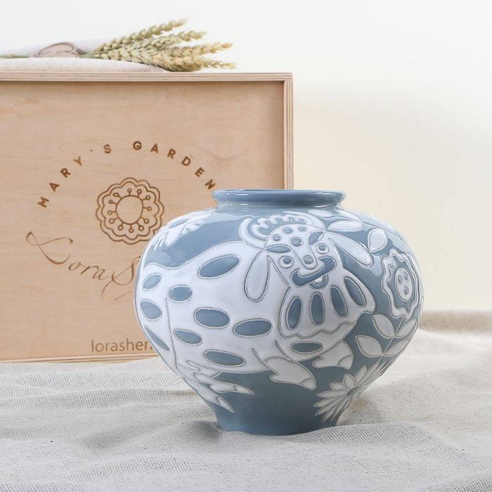 LoraShen 'Mary's Gardens' Small Horshchyk Ceramic Vase – Grey & White Hand-Painted Folk Art