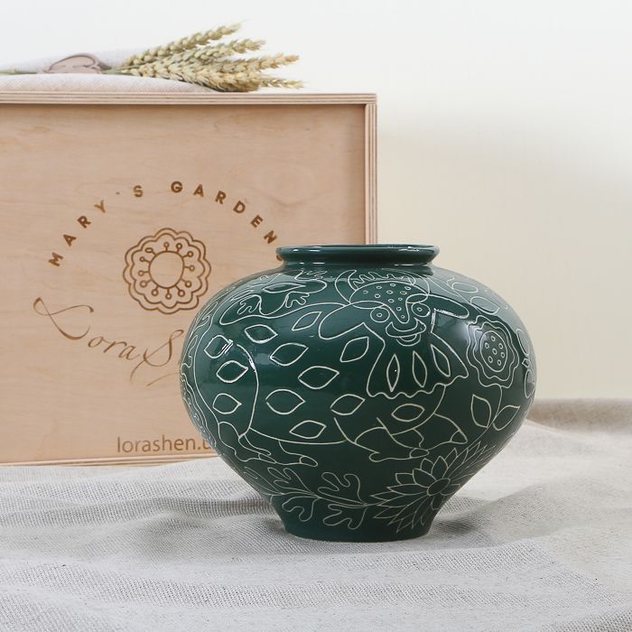 LoraShen 'Small Horshchyk' Hand-Painted Ceramic Vase (Green Monochrome) – Authentic Ukrainian Folk Art | 'Mary’s Gardens' Collection