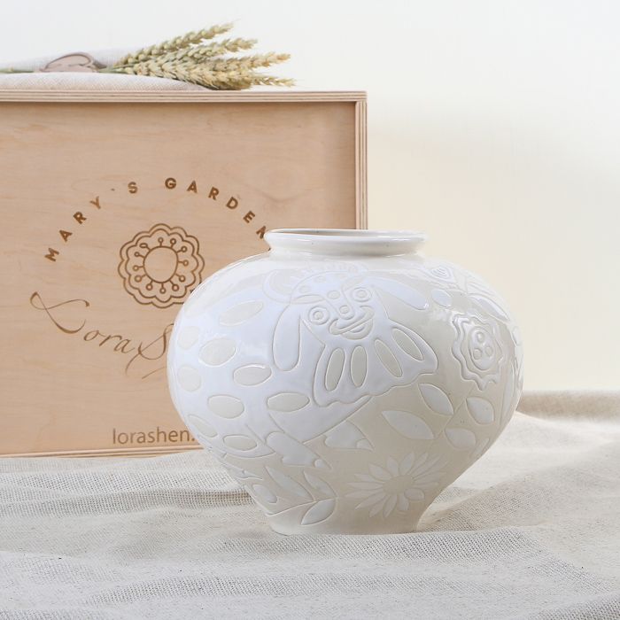 LoraShen 'Small Horshchyk' Hand-Painted Ceramic Vase (Tonal Beige & White) – Authentic Ukrainian Folk Art | 'Mary’s Gardens' Collection